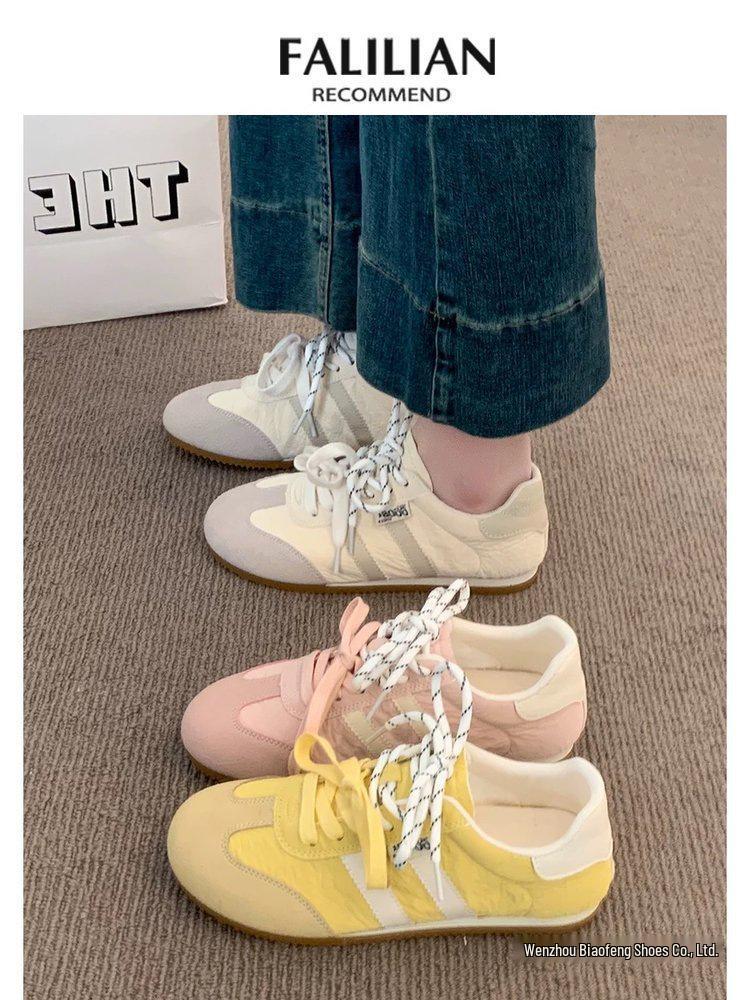 Женские желтые кожаные немецкие кроссовки: Новый весенний стиль 2025, Легкие, Универсальные, Тонкая подошва, Повседневная спортивная обувь для скейтбординга.