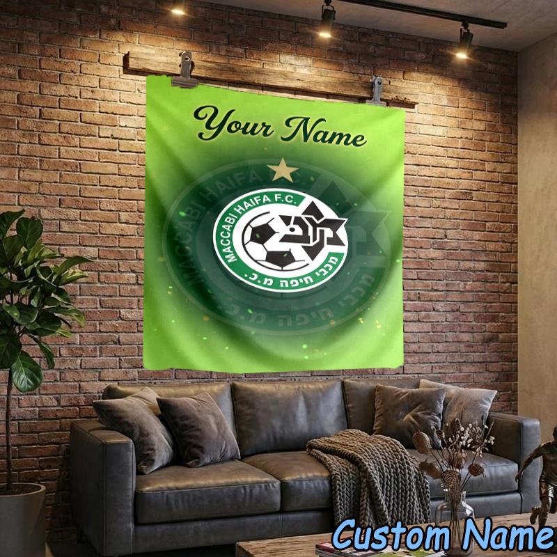 Custom Name Maccabi Haifa Football Crest Hanging Tapestry Background Tapestry for Bedroom Living Room Dorm,Home Party Wall Decoration,Fan Gifts