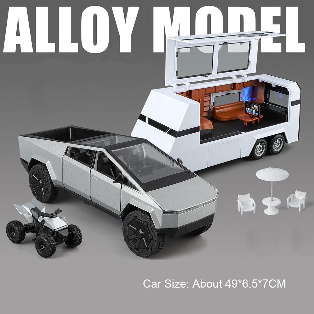 1:24 Pickup Trailer RV Model Car Toy Pull Back Doors Opened Shock Absorption Off-road Vehicle Models Sound Light Ornaments