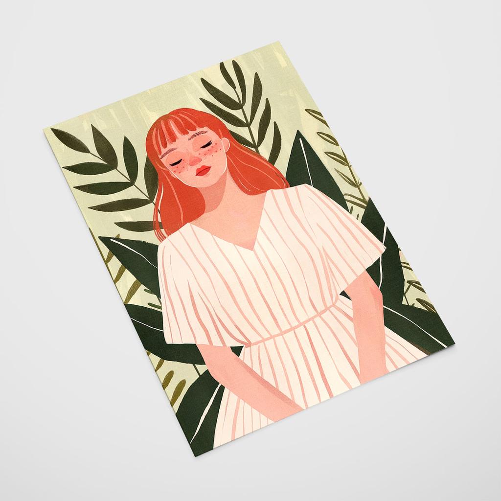 Plakat ilustracja kobieta zielone liście