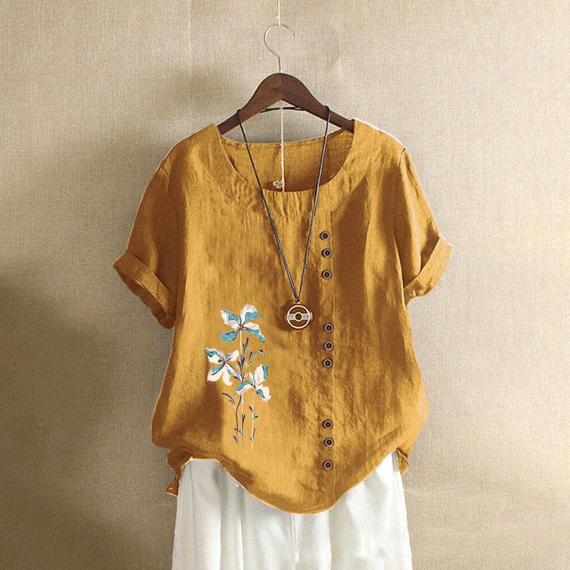 Ретро большие размеры повседневная свободная хлопковая льняная футболка с короткими рукавами женская одежда из хлопка и льна женская одежда больших размеров