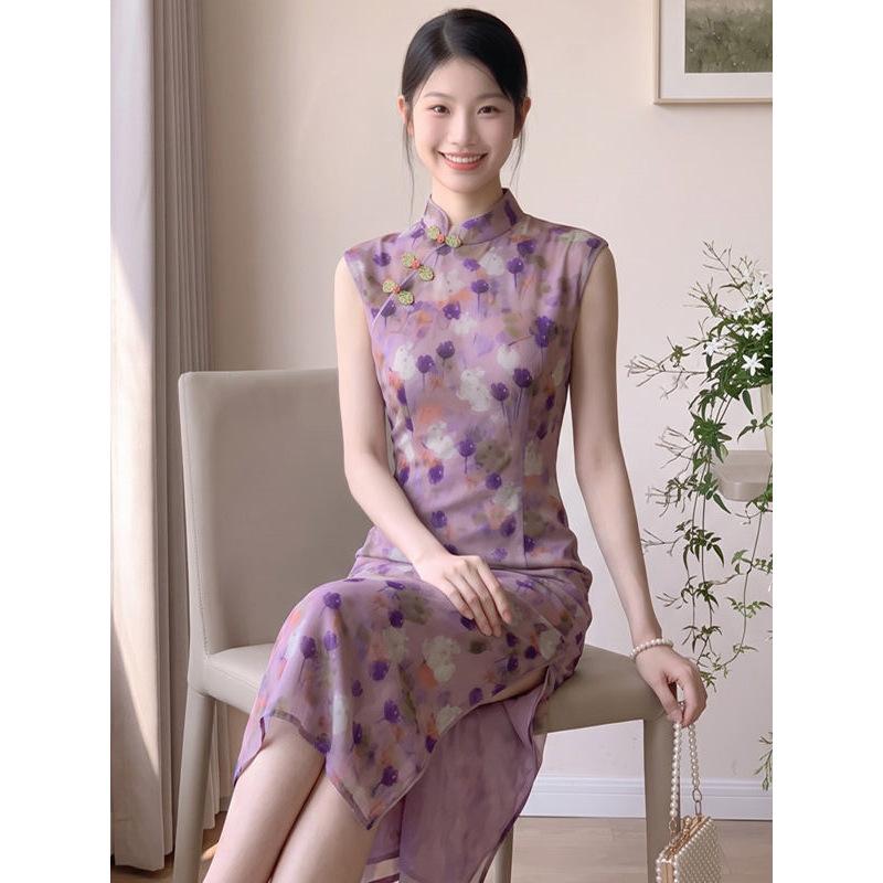 Purple sleeveless improved cheongsam women's 1011 new floral slim and thin waist pinch dress long temperament daily