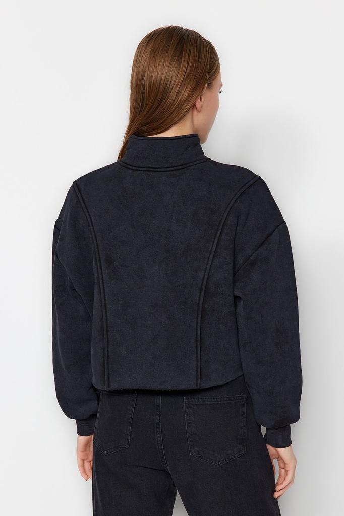 Женская модная стильная толстовка антрацитового цвета с эффектом античного выцветания, толстый флис внутри, удобный крой, укороченный вязаный свитшот