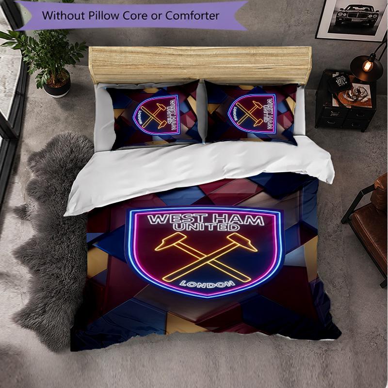 West Ham United Football 3 Piece Bedding Set Soft Duvet Cover Set with Pillowcases Printed Bedroom Decor Set for Home
