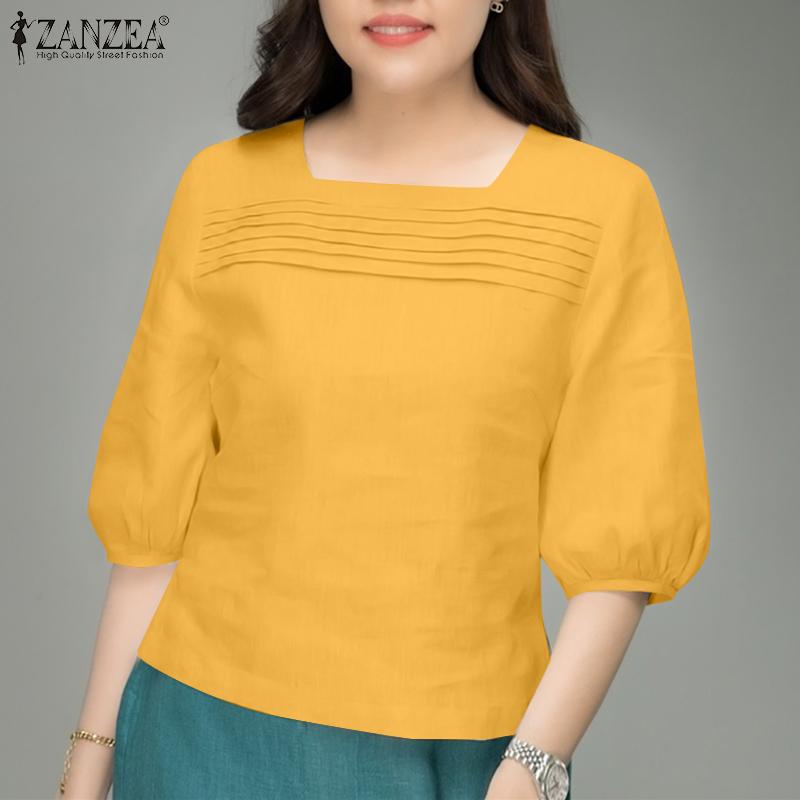 ZANZEA Женская повседневная блузка свободного кроя с квадратным воротником и коротким рукавом