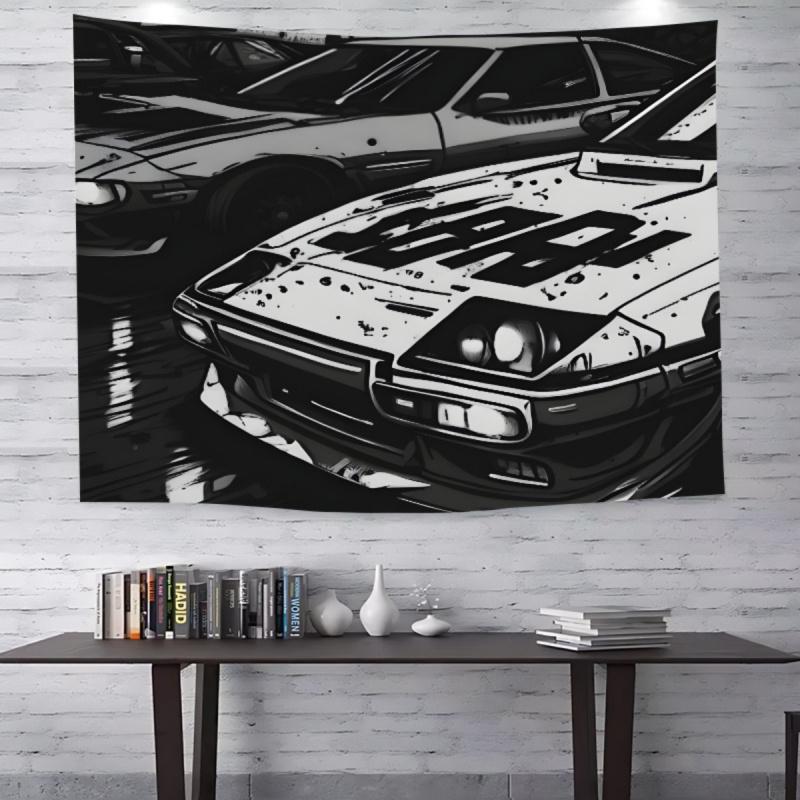 VIKAMA Black White Racing Car Tapestry Vintage Sports Car Wall Hanging for Living Room Dorm Game Room Automotive Decor
