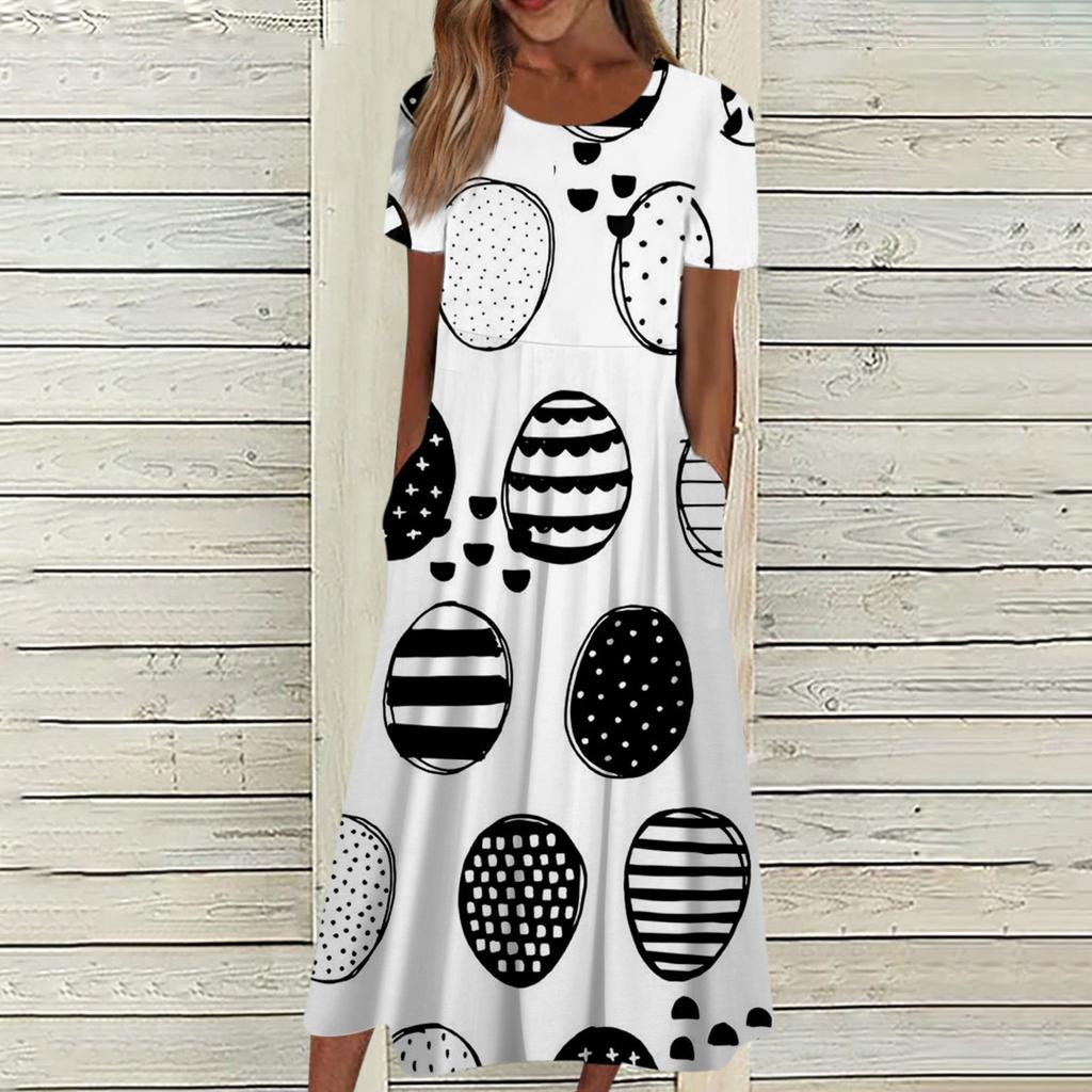 Женское летнее повседневное модное пасхальное платье с коротким рукавом и карманом с круглым вырезом