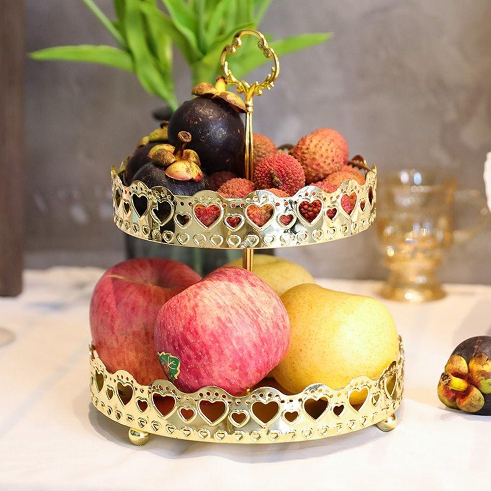 Gold Fruit Serving Tray Hollow Out 2 Tier Fruit Tray Multipurpose Jewelry Dish  Front Desk