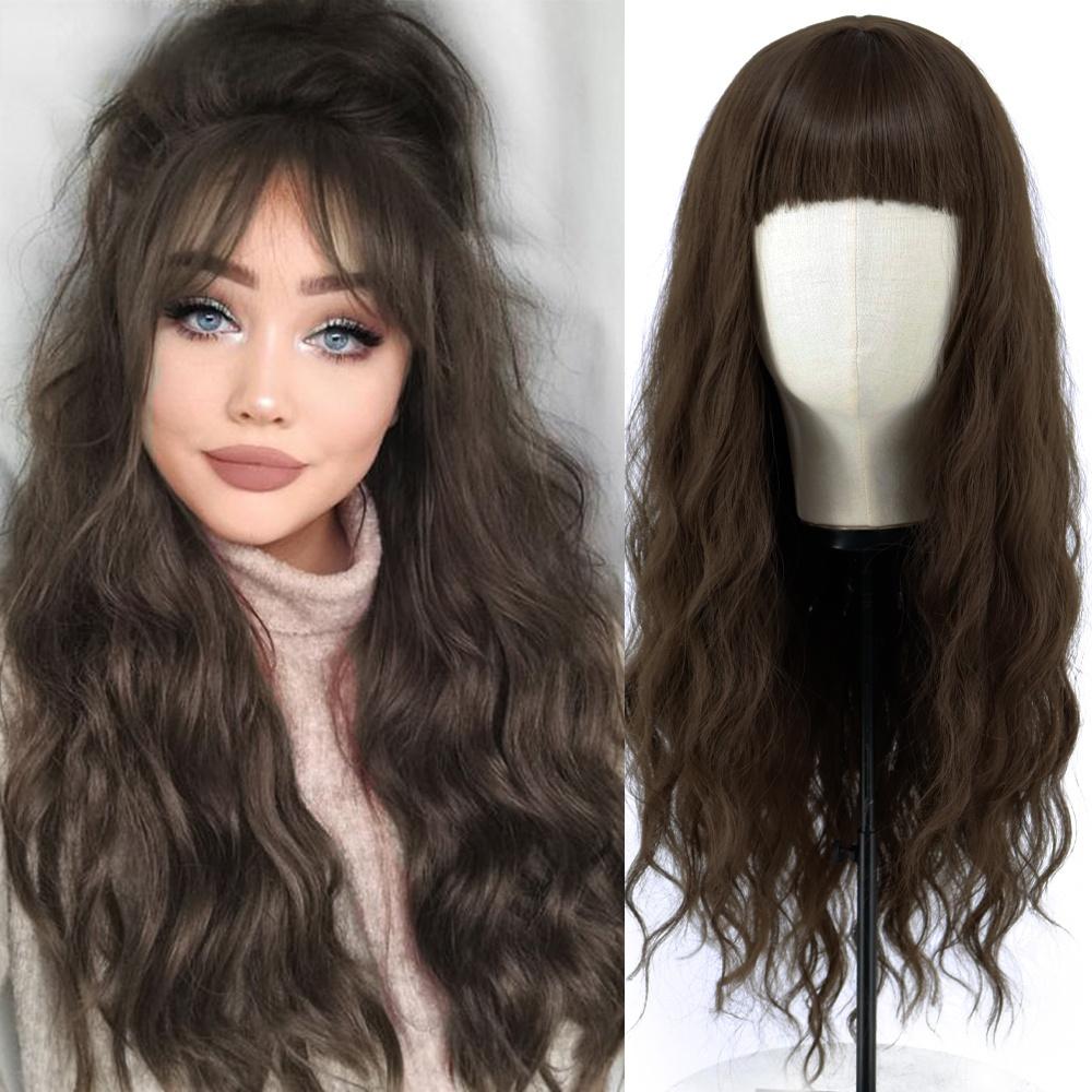 MERISIHAIR Long Ombre Synthetic Orange Red Black Pink Wigs with Bangs Water Wave Synthetic Heat Resistant Fiber Wigs for Women