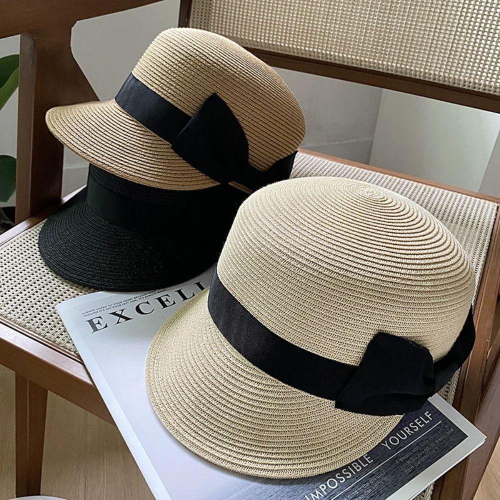 French Woven Straw Cap Elegant Equestrian Hat Ins Bow Straw Cap  Ladies/Girls