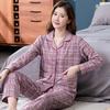 Большой размер женский пижамный комплект хлопковые брюки с длинными рукавами студенческая домашняя одежда из двух частей кардиган с отворотами женский пижамный комплект