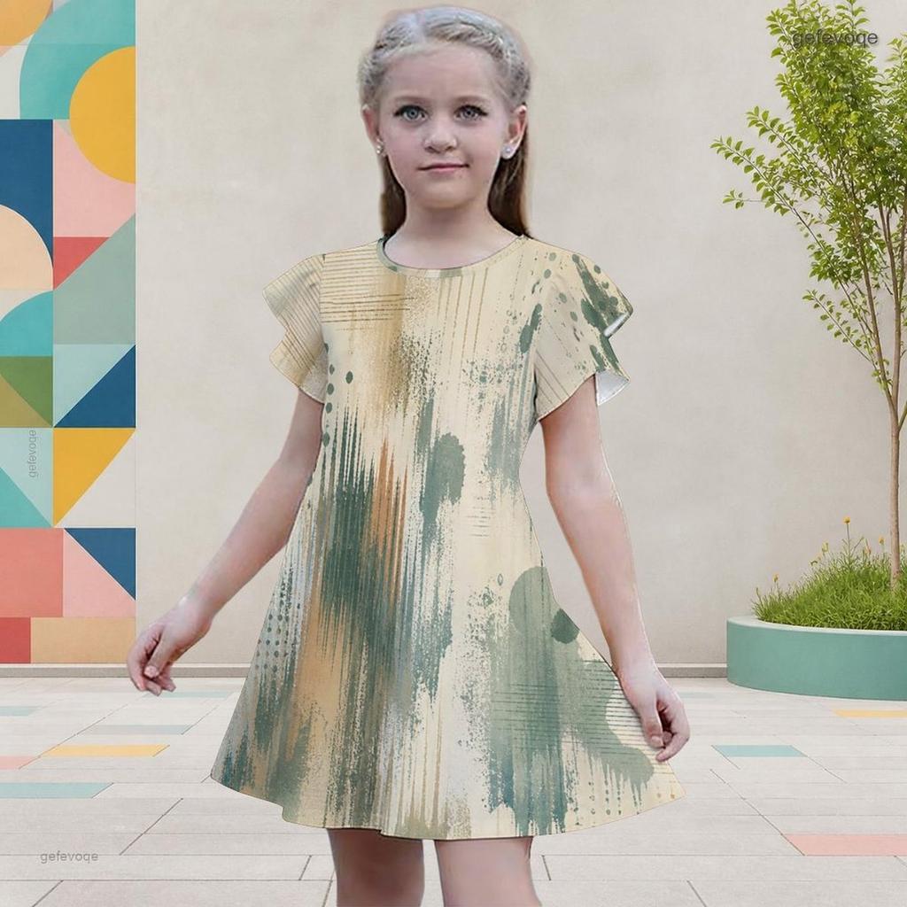 Girls Round Neck Flutter Sleeve A Line Flared Hem Printed Dress