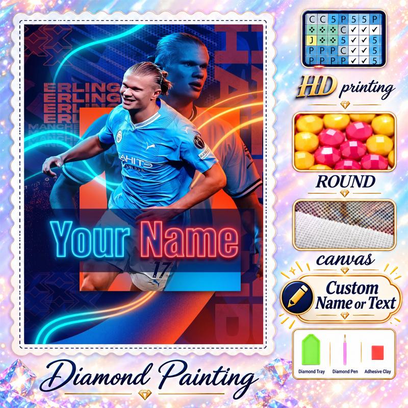 Erling Haaland 5D DIY Diamond Painting Custom Name Text, Full Drill Rhinestone Mosaic Art Home Gift