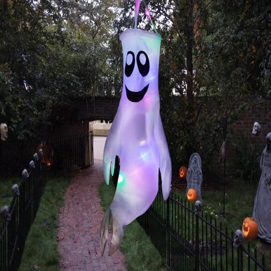 43 Inch Halloween Ghost Windsock Flags with LED Lights Outdoor Hanging Scary Light Up Ghost Wind Socks for Tree Yard Porch Garden Decor