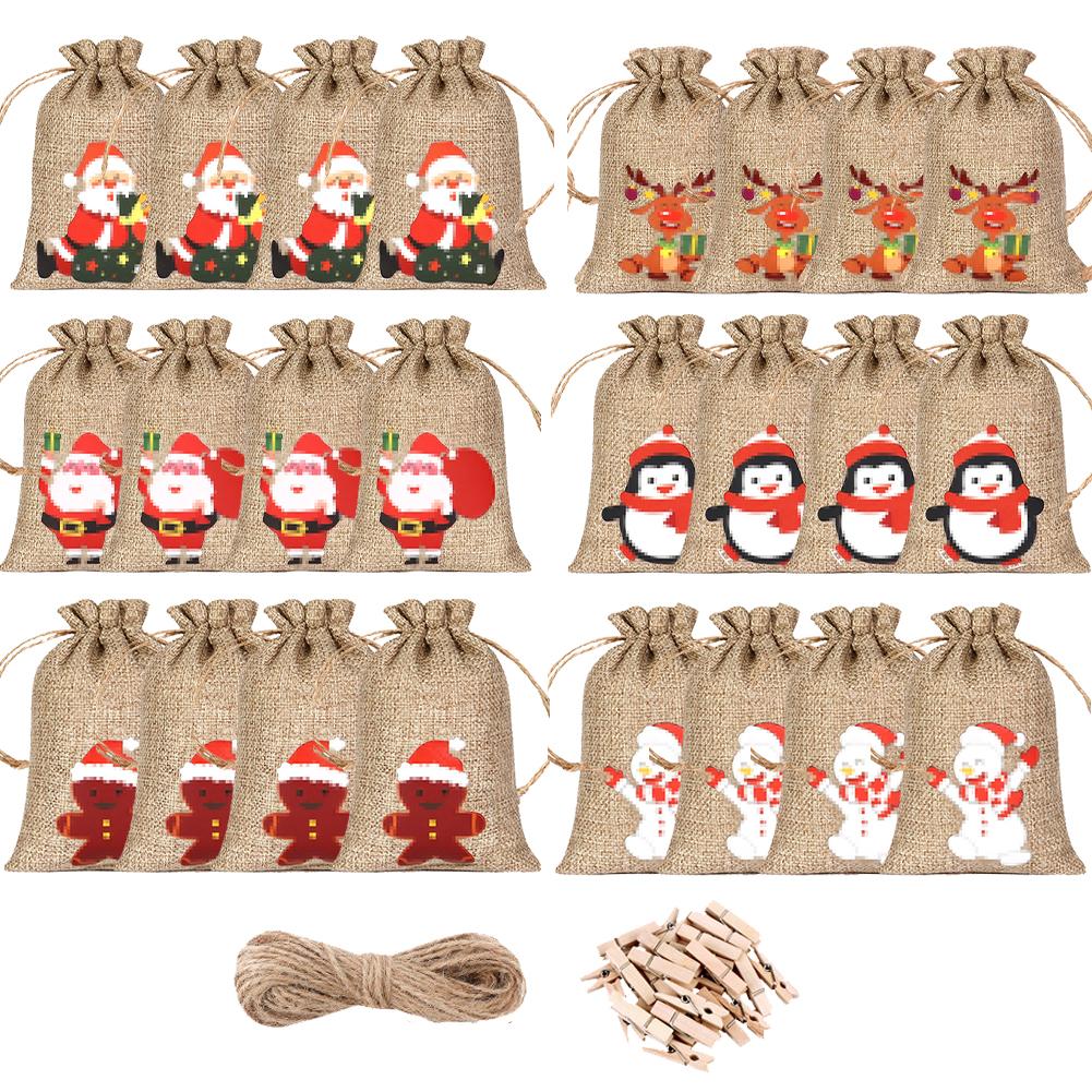24 шт. Рождественский адвент-календарь своими руками, подарочные пакеты, 24-дневный рождественский адвент-календарь, тканевый подарочный пакет с завязкой, рождественское украшение