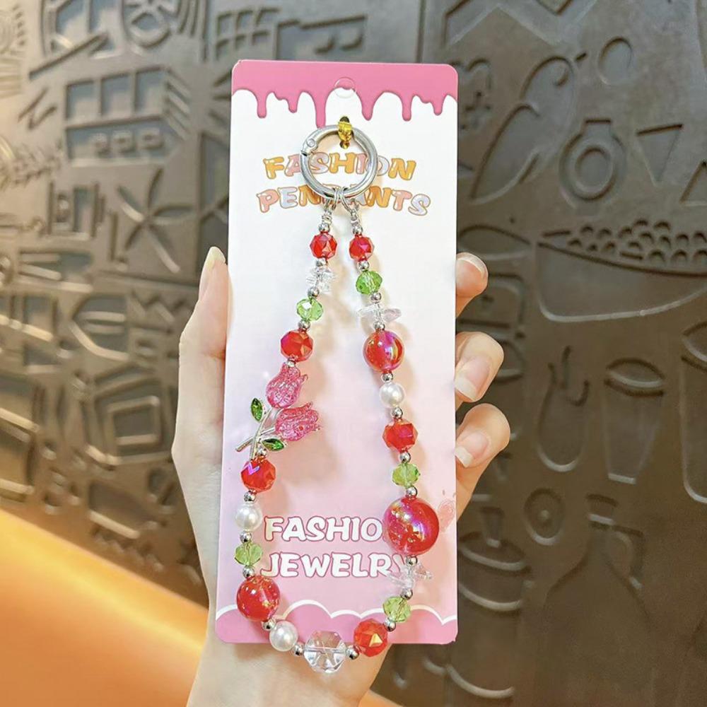 Pearl Cell Phone Chain Tulip Flower Mobile Phone Lanyard Crystal Bead Phone Strap New Year Gift