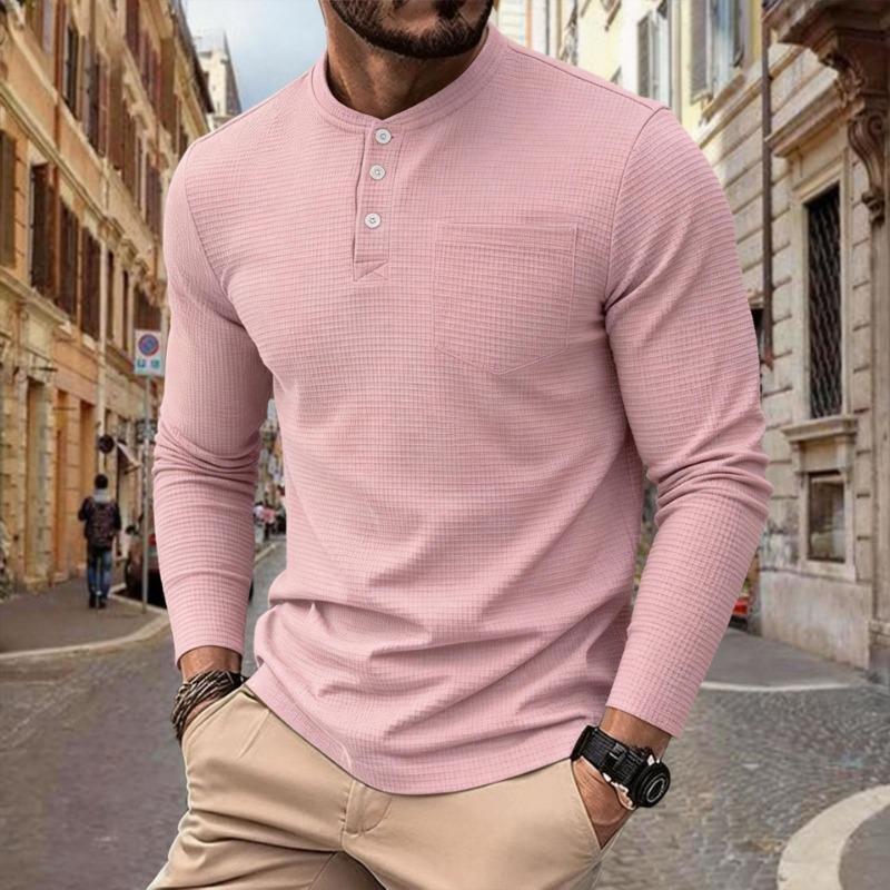 Мужская вафельная футболка-henley с длинным рукавом и карманом