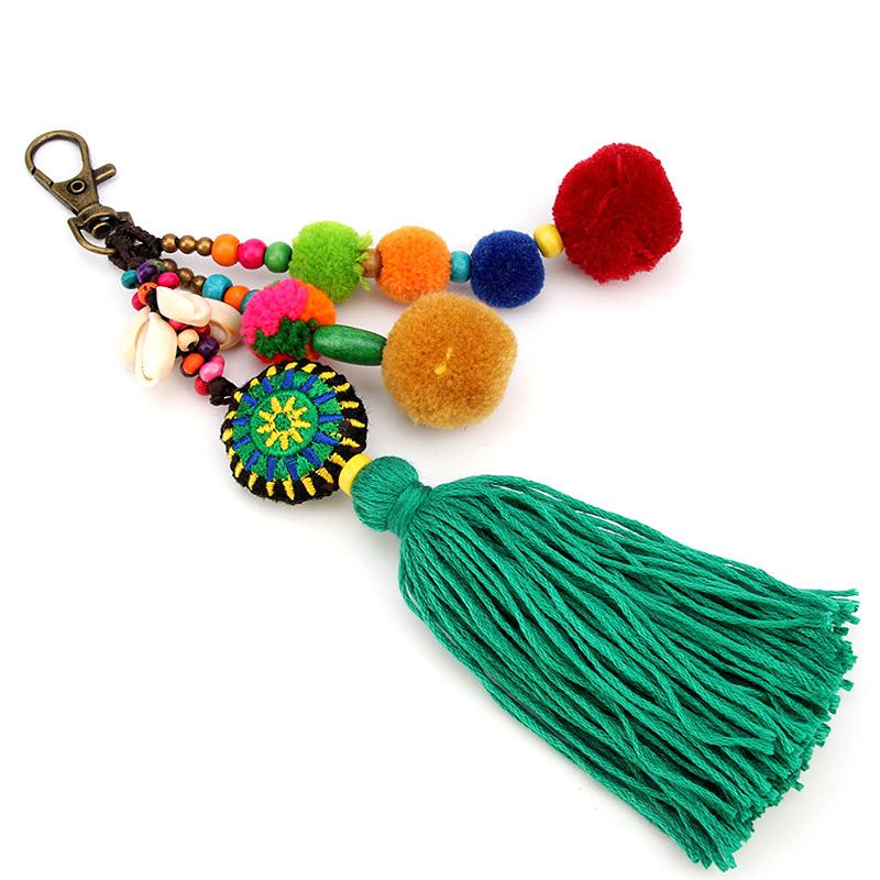 Flower Charms Keychains Pompom Tassels Colorful Pendant Keyring Women 1pc Multicolor Beads Accessories Jewelry Boho Style