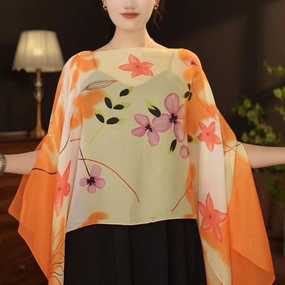 Long Length Sun Protection Shawl Flower Pattern Chiffon Scarf Breathable Shawl  Outdoor Activities