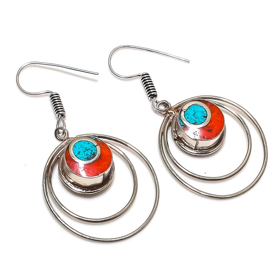 Turquoise Red Coral Gemstone Earrings Tibetan Tribal Nepali Jewelry 2.2" NE 5295