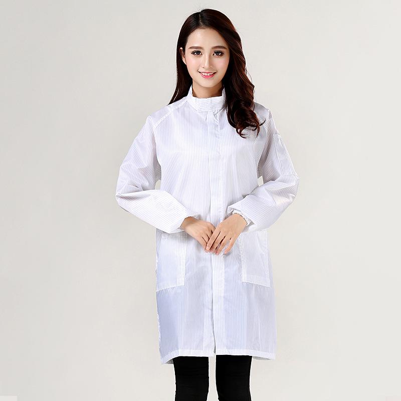 Anti-static Stand-up Collar Gown with Blue & White Stripes, Velcro & Zipper for Food/Pharmaceutical Cleanroom Use