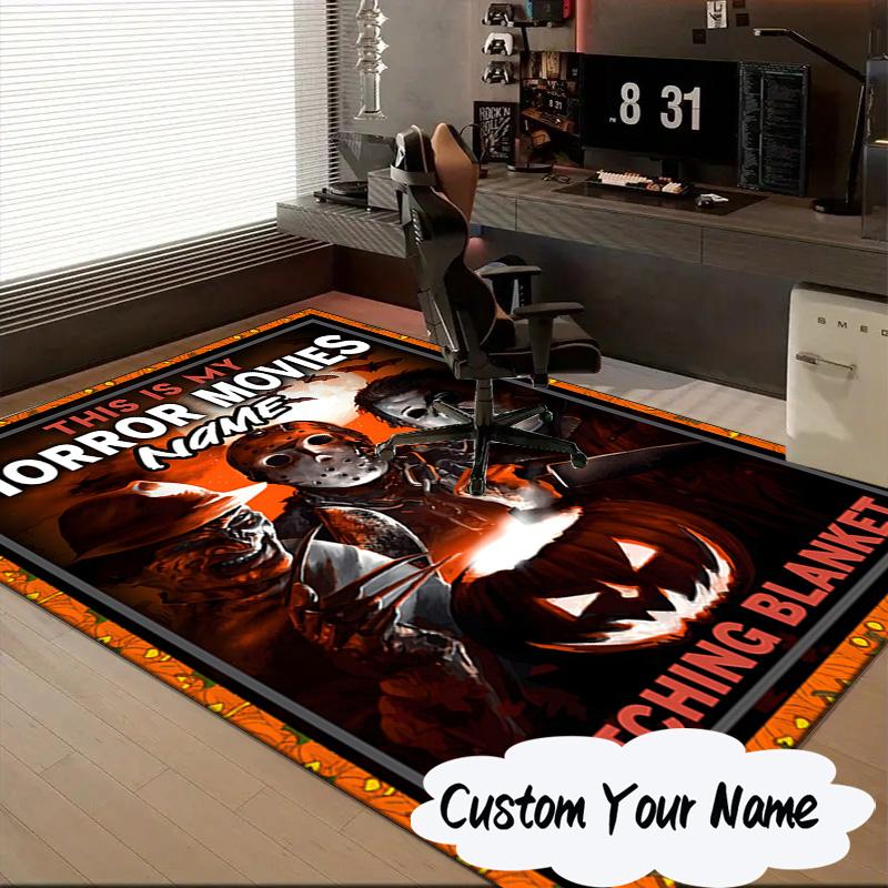Custom Name Horror Movie Night Carpet, Chair Rug,Area Rug for Office Bedroom living rooms bedroom, Doormat decor Christmas fan gifts