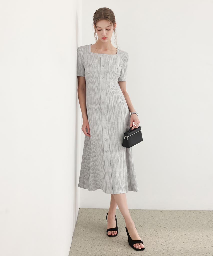 Pleats Mood Tweed Pleated Square Neck Dress
