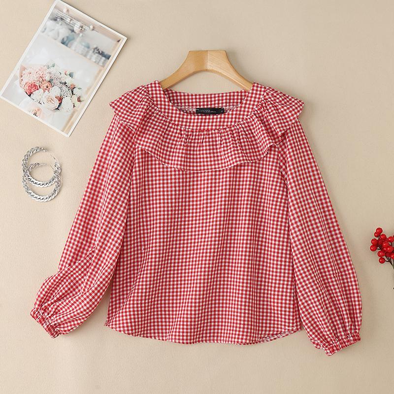 ZANZEA Женская повседневная блузка в клетку с оборками, круглым вырезом и длинным рукавом свободного кроя