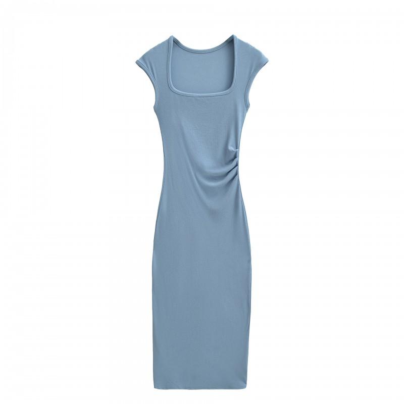 Womens Split Bodycon Maxi Dress Pleated Waist Slim Fit Square Neck