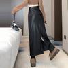 Кожаная юбка трапециевидного силуэта с разрезом для женщин, осень-зима, черная юбка-миди из искусственной кожи с высокой талией, черная корейская модная женская одежда