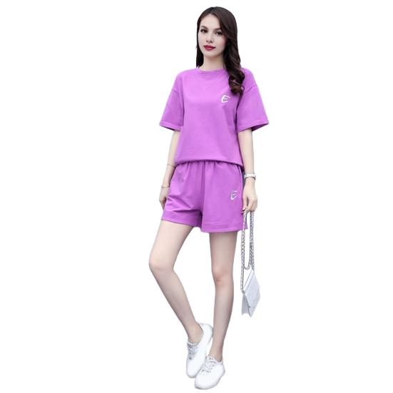 Комплект из 2 предметов для женщин, летний комплект из топа с круглым вырезом и короткими рукавами, короткие спортивные штаны, повседневный спортивный костюм для бега, комплект для отдыха