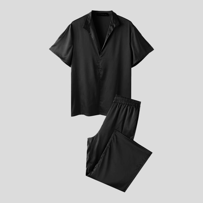 INCERUN Мужские однотонные атласные топы и брюки из двух частей с короткими рукавами