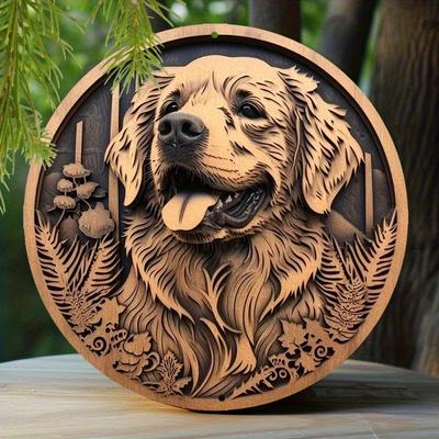 2d Плоский 20*20см, Круглая деревянная табличка Золотистый ретривер, Идеально для декора спальни и ко Дню отца, Идеально для декора комнаты.