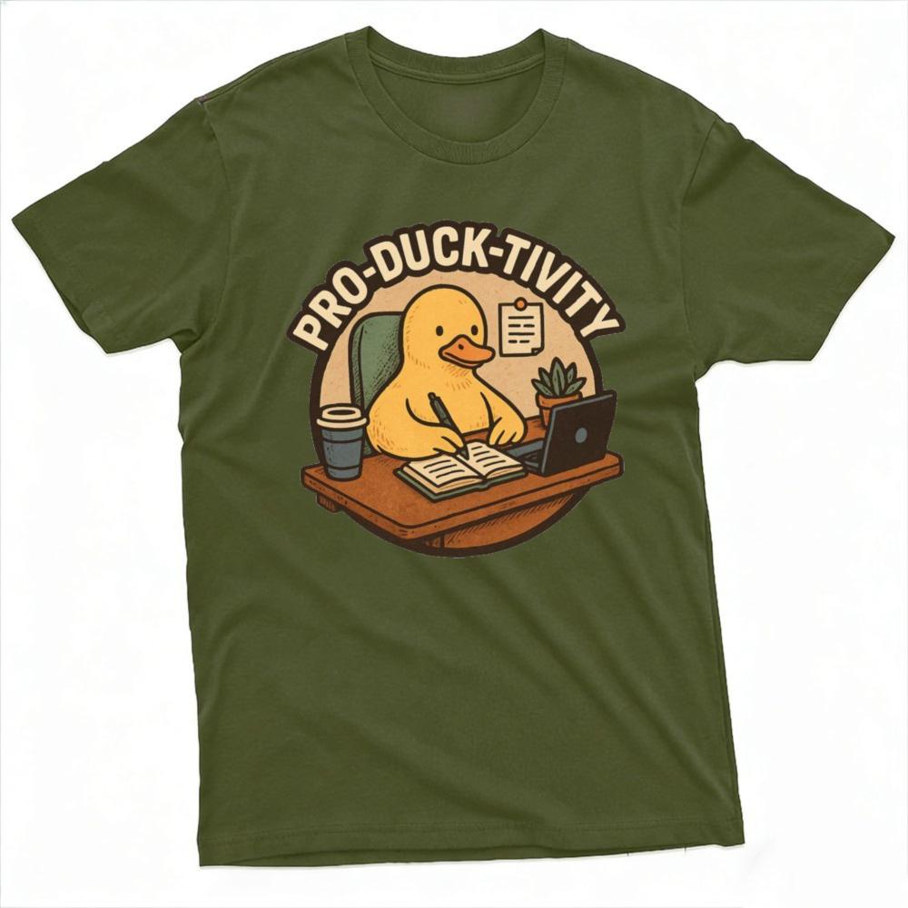 ProDuckTivity Смешная Утка Работает за Столом Офисный Юмор Графическая Футболка Унисекс Повседневная Летняя Короткая Футболка