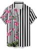 Men'S Summer Casual Shirt Retro Flamingo Striped 3D Printed Beach Vacation Aloha Shirt Button Front Hawaiian Style