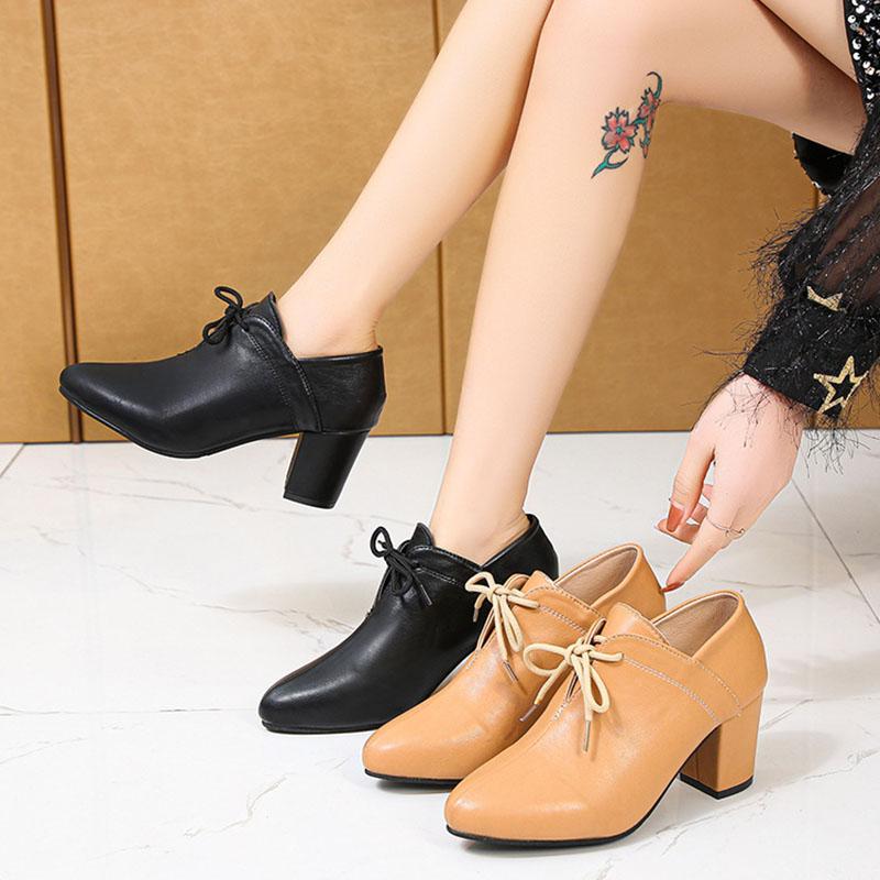 Fashion 2024 Spring Summer Woman Fashion Pointed Toe Small Leather Pumps Ladies British Style High Heel Lace Up Plus Size Women Shoes 44
