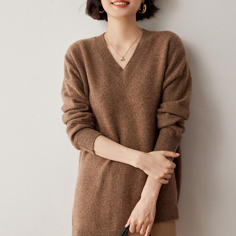 2024 Women's V-Neck Cashmere Wool Knit Mid-Length Sweater - Thick, Loose, Lazy Style.
