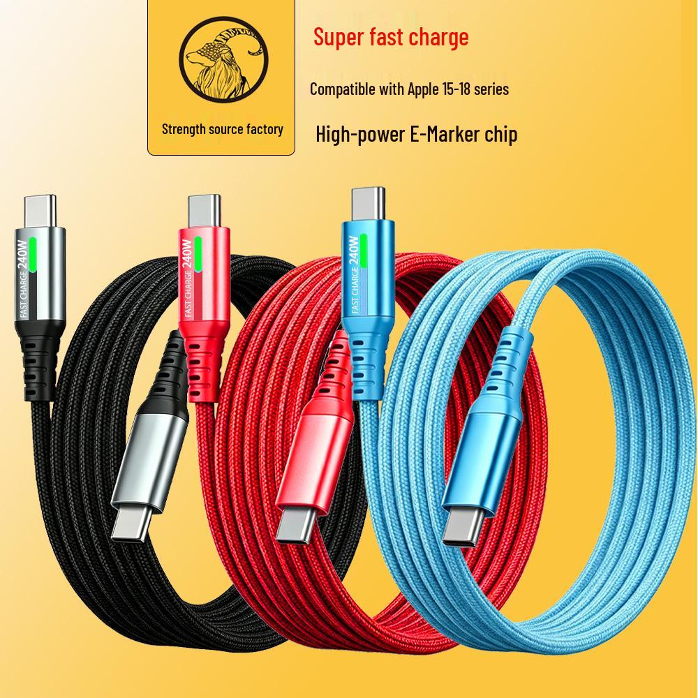 Быстрый зарядный кабель 240 Вт с двумя портами USB-C и светодиодной подсветкой для устройств Apple, Android, Huawei.