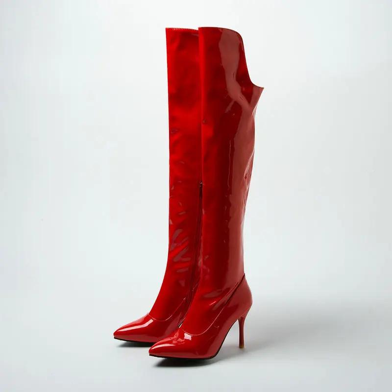 Модные женские ботфорты на высоком каблуке из лакированной кожи, женские ботинки на очень высоком каблуке на молнии, женская обувь больших размеров