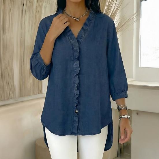 Женские Топы с V-образным вырезом, 3/4 Рукава, с Отделкой Воланами, Свободного Кроя, Однотонные, Повседневные, Рубашки под Джинсу, Для Повседневной Носки