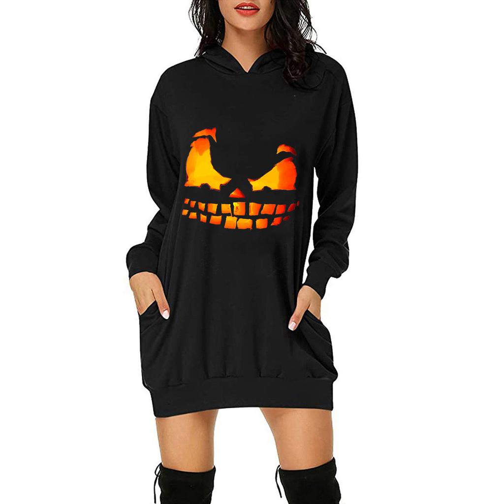 Women Casual Fashion Loose Plus Size Halloween Print Long-Sleeve Blouse Dress
