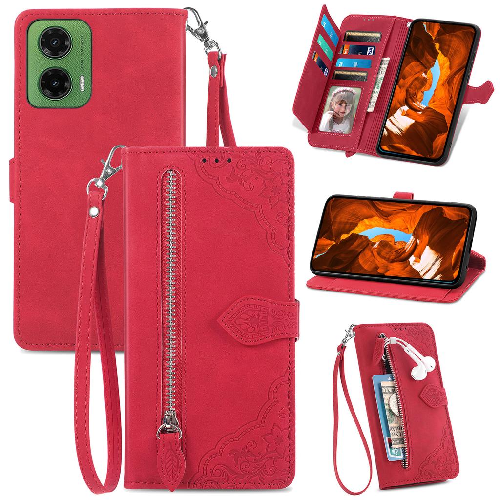 For Motorola Moto G35 5G Case Zipper Wallet PU Leather Flower Imprint Phone Cover
