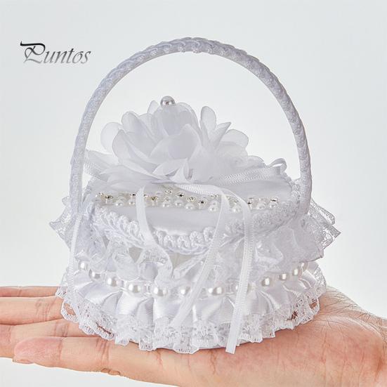 Белая кружевная коробочка для колец, держатель для свадебных колец с ручкой, подушка для колец с лентой и цветком для церемонии помолвки