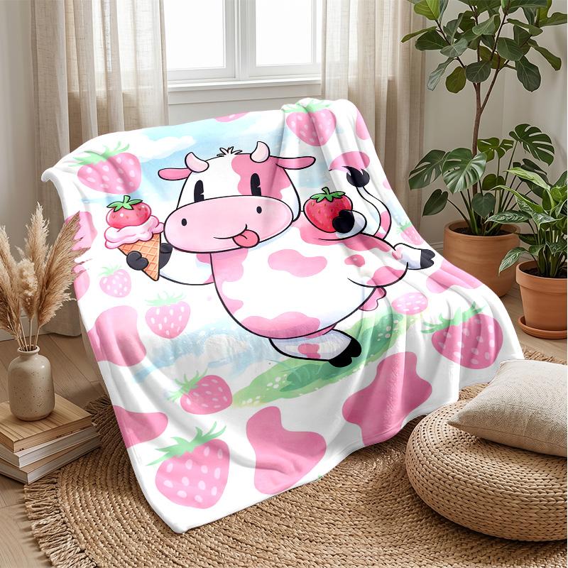 Pink Cow with Strawberry Ice Cream Theme blanket Lightweight Warm Flannel Blanket Decorative Throw Blanket for Home Decoration