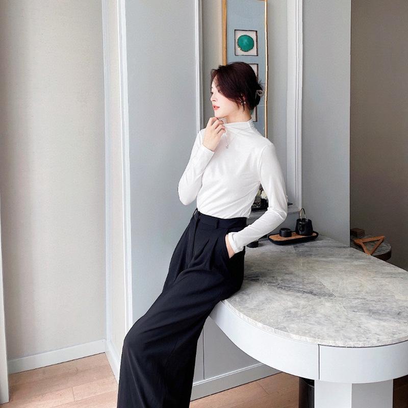 Топ с длинным рукавом на раннюю осень, ощущение обнаженности: Приятный к коже, с высоким воротником, модный девятицветный, японско-корейский тренд, молочный шелк для женщин