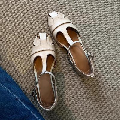 Версия из овчины ~ ретро-круглый носок полые летние кожаные сандалии женские однословные с полым толстым каблуком литературный стиль сумка голова обувь