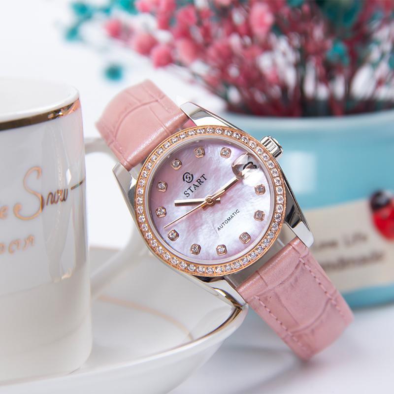 Start Женские часы с перламутровым циферблатом, модные повседневные автоматические механические часы, водонепроницаемые кожаные часы с функцией даты