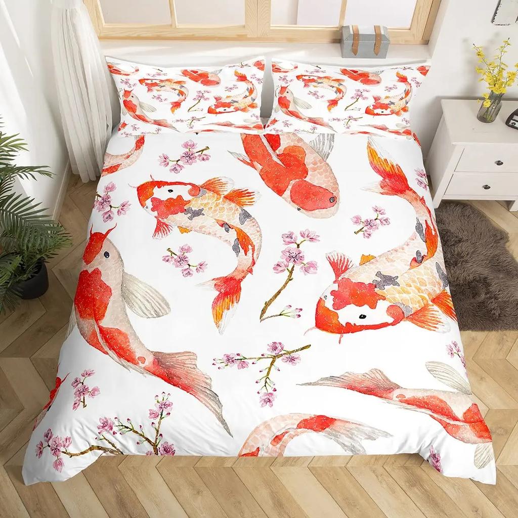 Goldfish Bedding Set Fantasy Yin Yang Fish Duvet Covet Cherry Blossom Flowers Theme Blue Sea Wave Breathable Bedding Set