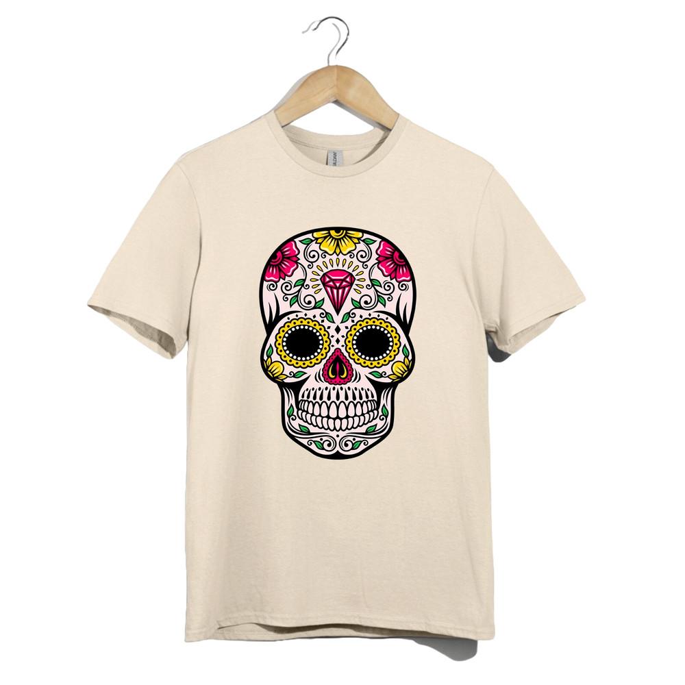 Diamond Sugar Skull T-Shirt Unisex Day of the Dead Tee Pink Floral Calavera Art