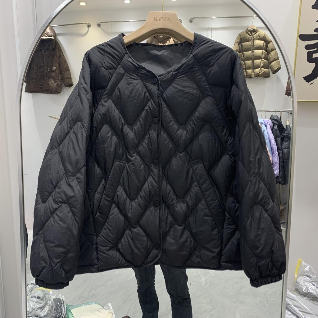 Rhombus down jacket women's short autumn and winter design sense small versatile light and thin collarless fashion crew neck jacket